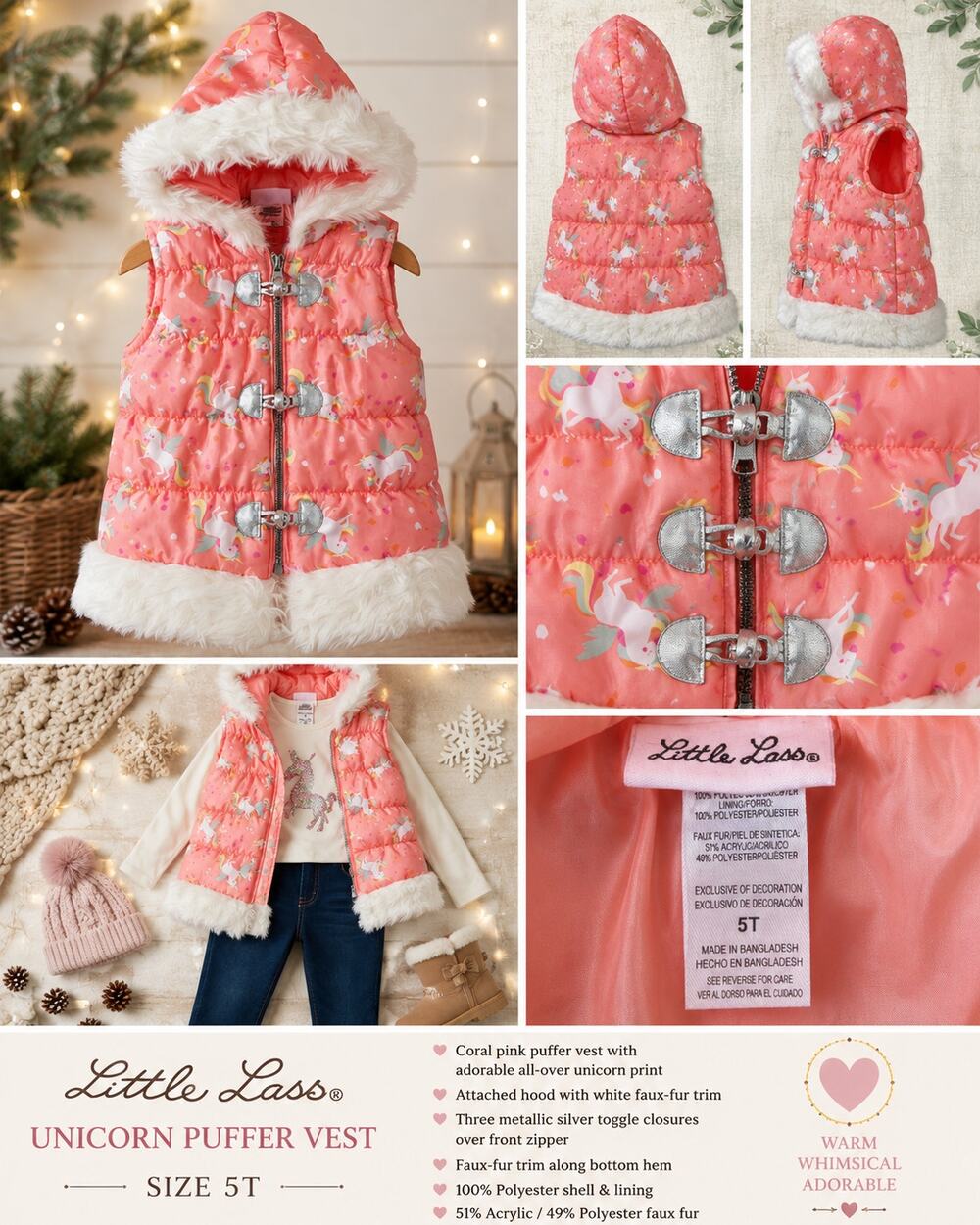 Little Lass Girls 5T Unicorn Puffer Vest Pink Faux Fur Hood Silver Toggles